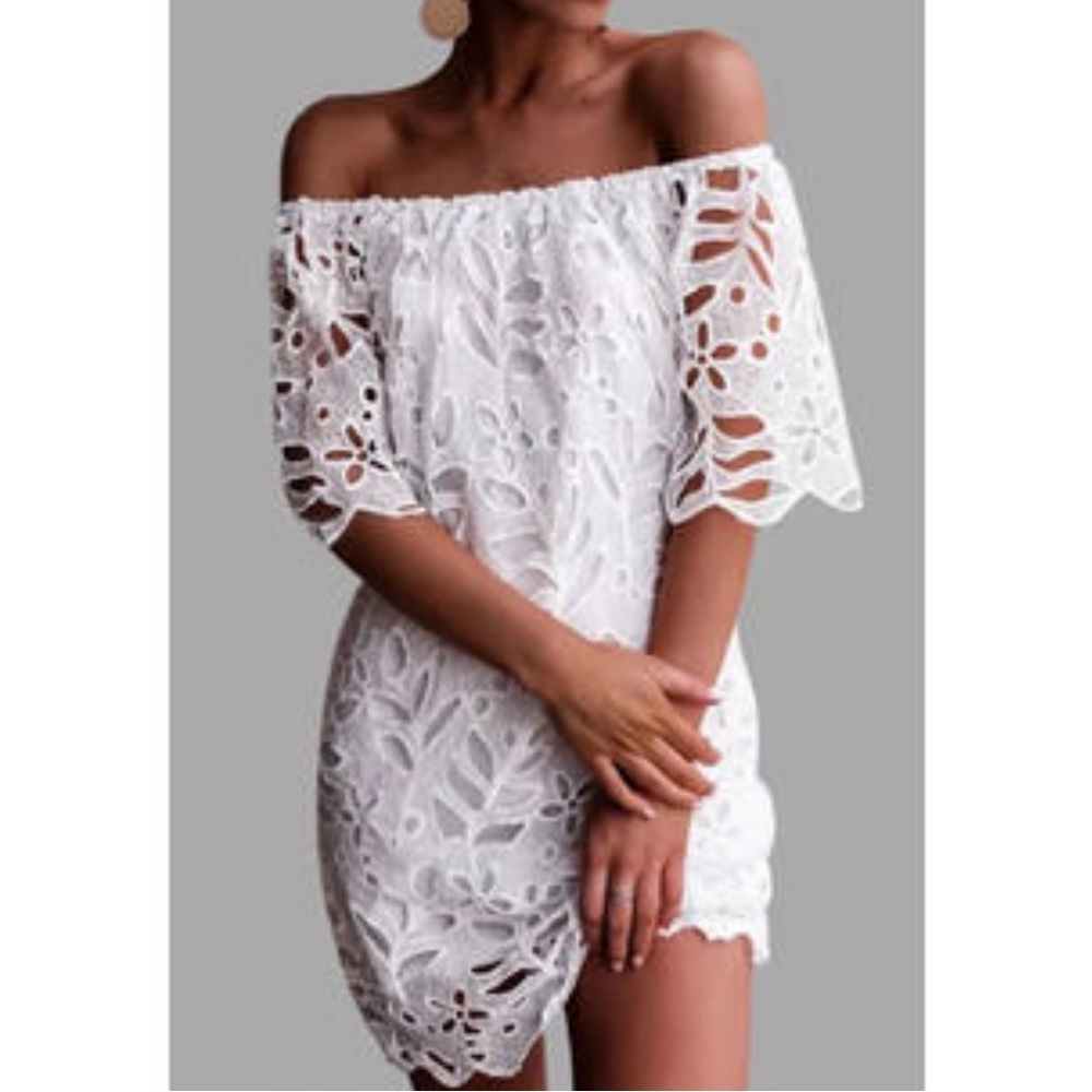 Women Mid Length Flower Lace Off-Neck Summer dress